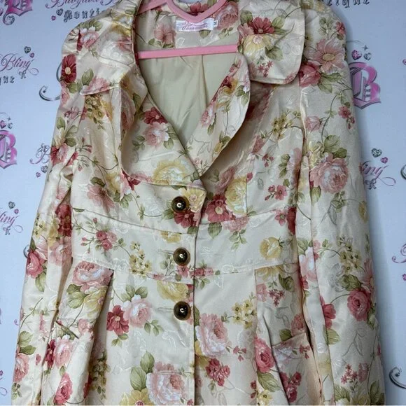 Floral coat pea coat long flowers peach orange pink light cream shiny shimmer - Picture 4 of 7